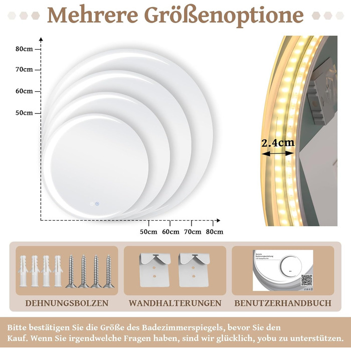 Круглий LED-дзеркало для ванної кімнати Mursche з підсвічуванням, 60 см, IP44, сенсорне регулювання, протизапотівальне покриття, 70x70 см