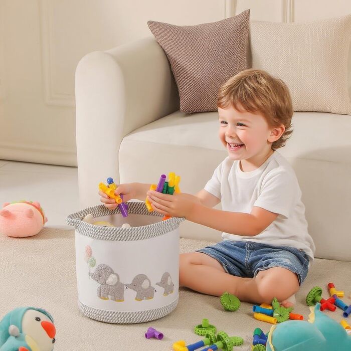 Набір кошиків для зберігання 3 шт. з плетіння, дитячі кошики для іграшок, білизни, складний органайзер для дитячої кімнати, для іграшок, одягу, м'яких іграшок, місткі та надійні кошики (Сірий слон)