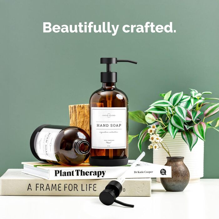 Набір дозаторів для мила на кухню та у ванну кімнату, 2 шт. з нержавіючою сталею, скляні флакони 475 мл, з водонепроникними етикетками