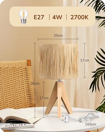 EDISHINE Настільна лампа з ручним плетінням, тепле світло 2700K, дерев'яний штатив, Boho стиль, для спальні, вітальні, готелю, з LED лампою E27 4W, абажур з ротангового паперу