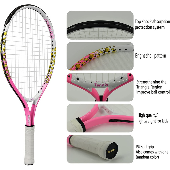 Тенісна ракетка Senston 19/23/25 комплект тенісних ракеток цільного дизайну з тенісною сумкою,накладкою,демпфером вібрації (мультяшний рожевий, 17 дюймів)