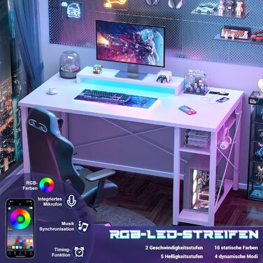 Ігровий стіл з LED-підсвічуванням та розетками, стіл для комп'ютера з USB, стіл для ПК з підставкою для монітора, сучасний офісний/робочий стіл для ігрової кімнати (білий)