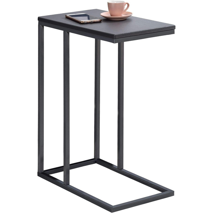 Журнальний стіл IDIMEX Debora, практичний стіл для вітальні в С-подібній формі, красива стільниця журнального столика прямокутного сірого кольору, елегантний диванний стіл з металевим каркасом сірого кольору
