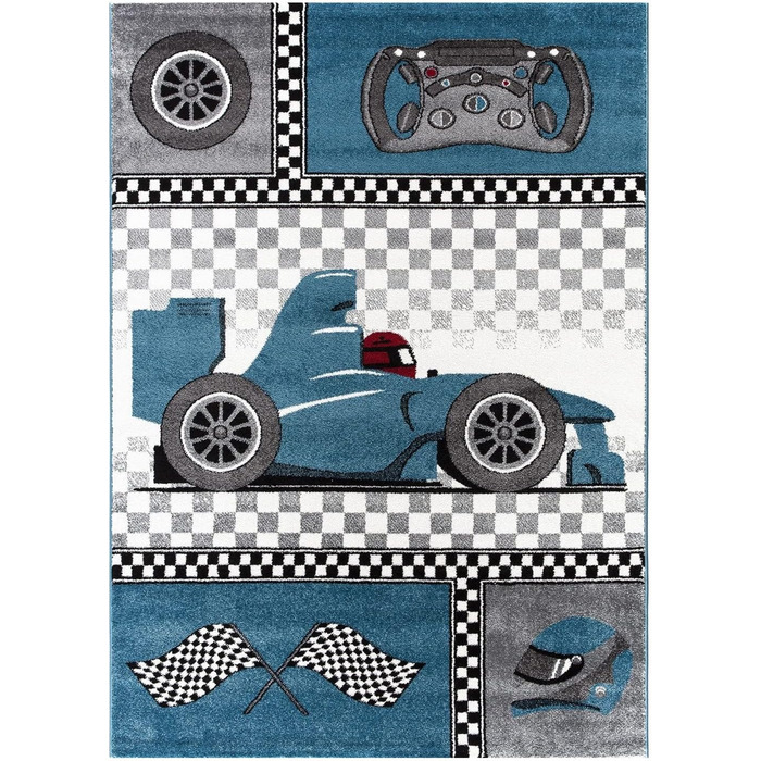 Дитячий килимок Дитяча гоночний автомобіль Формула-1 Візерунок Синій Сірий Білий Чорний - Колір Синій, Розмір 160х230 см