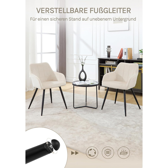 Крісла для їдальні WOLTU - 8 шт. М'які крісла з підлокітниками для кухні, вітальні, оббивка з велюру, металеві ніжки, кремовий колір