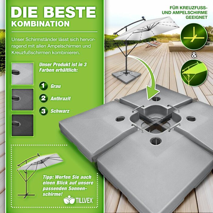 Сонцезахисний стійка Tillvex® 90 літрів / 120 кг – 4 частини для парасольки, з металевим з'єднувачем | Заповнюється водою або піском | Стійка для парасольки Tillvex® вологостійка (Сірий)