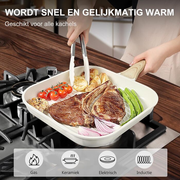 Сковорода-гриль GiPP 28 x 28 см з антипригарним покриттям, для стейків, сумісна з індукцією, без PFOA, для всіх плит, легко миється, біла