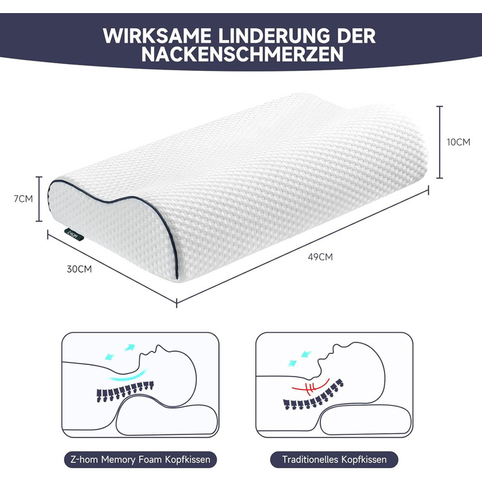 Подушка для підтримки шиї Z-hom, піна з ефектом пам'яті, ергономічна, подушка проти хропіння, знімний чохол (49x36x7/10 см)