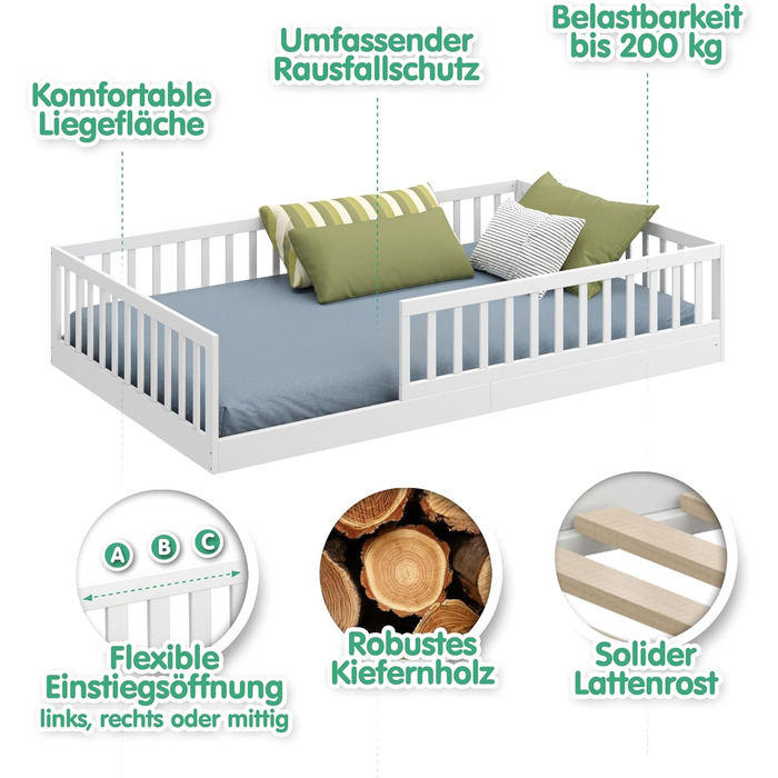 Ліжко дитяче CADANI Timi 2в1 Montessori 120x200 см з бортиками, ламелі, масив сосни, біле - 3 варіанти збірки, до 200 кг