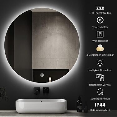 Круглий дзеркало для ванної кімнати Boromal з годинником та підсвічуванням, 60 см, 3 кольори світла, регулювання яскравості, LED, сенсорне управління, Стиль Jd