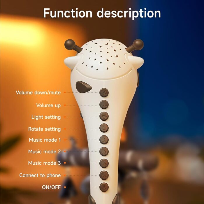 Мобіль для дитячого ліжечка TUMAMA для малюків 0-6 місяців з нічником, проєктором, музикою та білим шумом, чорно-біле іграшкове звірятко для підвішування
