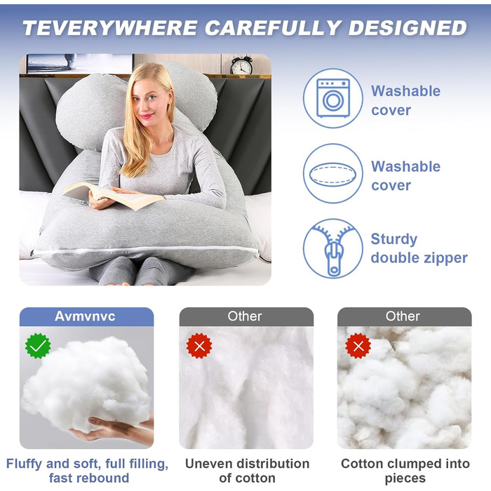 Подушка для вагітних Avmvnvc U-подібної форми, XXL, для сну на боці, знімний чохол з джерсі (сірий)