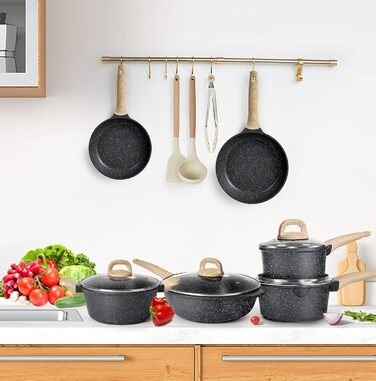Набір каструль з кришкою для індукційних плит, 13 предметів, чорний гранітний набір посуду, антипригарне покриття без PTFE та PFOA