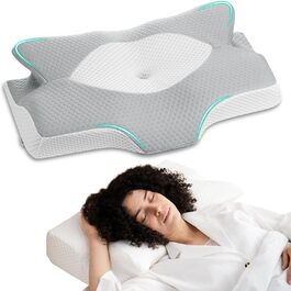 Ортопедична подушка для шиї Elviros з піни Memory Foam, ергономічна, для сну на спині, боці та животі, знімний охолоджуючий чохол, 64×(11,5/13)×40 см, сірий