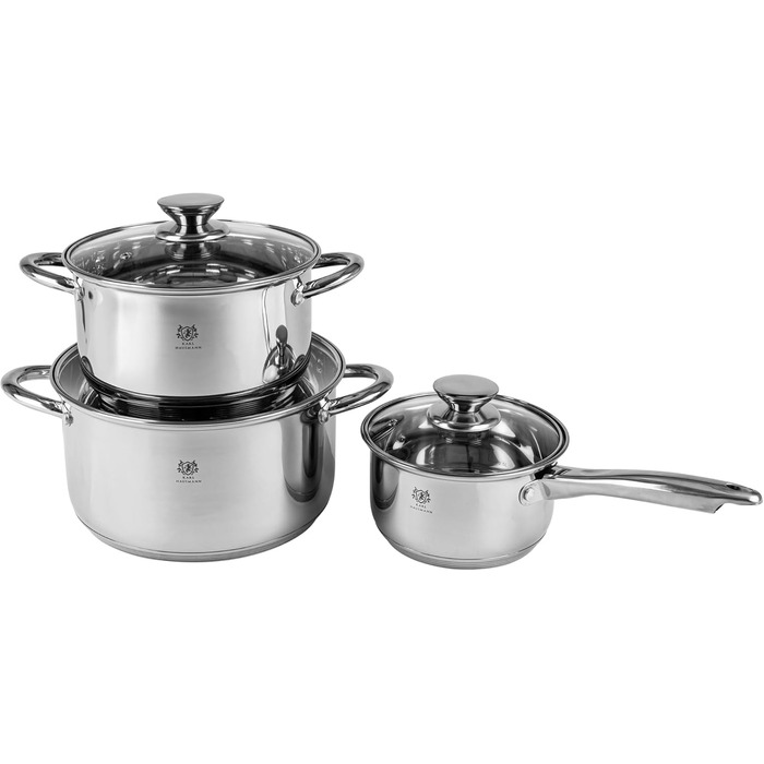 Набір каструль з нержавіючої сталі 3 шт. для всіх типів плит - каструлі з мірною шкалою, з кришкою з термостійкого скла