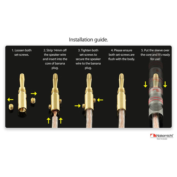 Штекер-банан Nakamichi 24K з позолоченим покриттям з берилієвої міді для кабелю динаміка, 12-18AWG, 4 мм, 6 пар