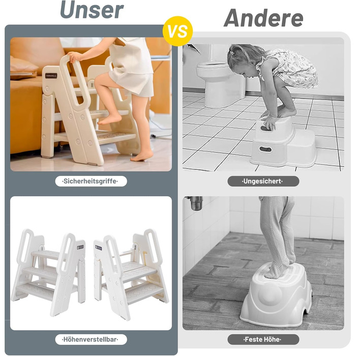 Дитячий тривалий стільчик Funecho: регульована висота, безпечні сходинки, антиковзаюча поверхня, пластик, сірий