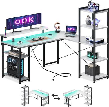 Ігровий стіл ODK L-подібної форми зі світлодіодом, розетки та USB, кутовий стіл з полицями, 137140см, білий