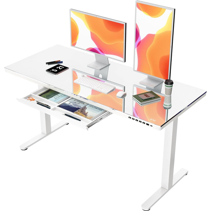 Регульований за висотою стіл JUMMICO, електричний стіл з ящиком, 120x60 см, стіл для стоячи/сидячи, Standing Desk для дому/офісу, білий (140 x 70 см, білий)