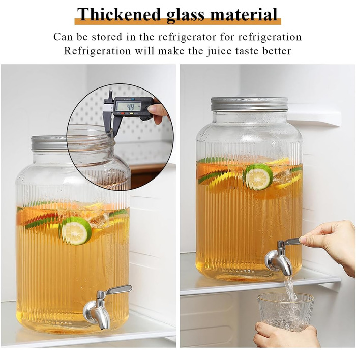 Скляний диспенсер для напоїв Evanda з нержавіючим сталевим краном, 4л, для приготування холодного чаю, лимонаду та соків