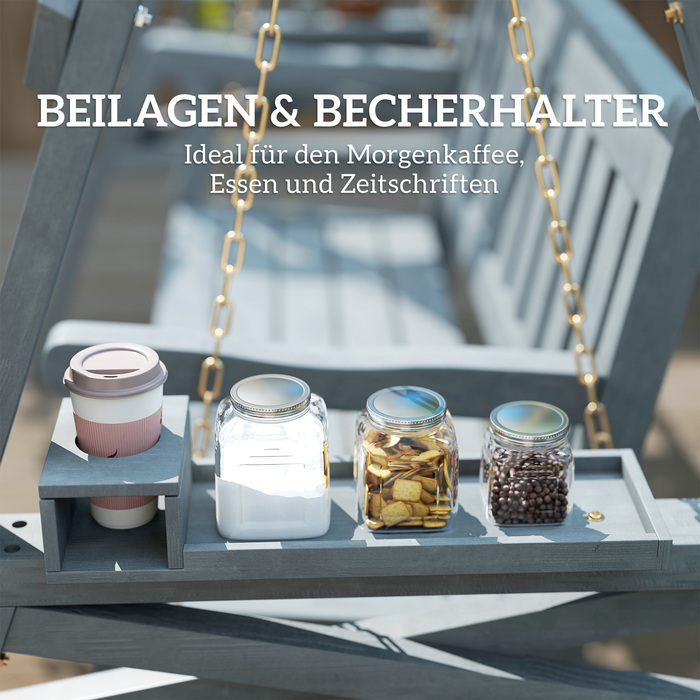 Двомісна садова гойдалка, дерев'яна лавка-гойдалка з полицями, тримачами для напоїв та металевими ланцюгами, сірого кольору