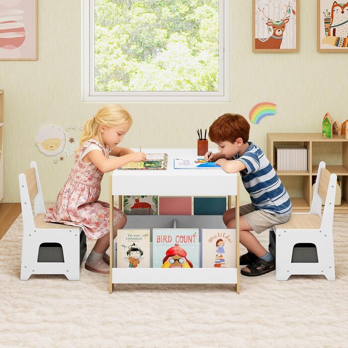 Дитячий стіл LIFEZEAL 3 в 1 з 2 стільцями: стіл для малювання, активностей та їжі. Дитяча меблева група з дерева з місцем для зберігання (колір дерева)