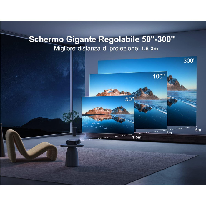 Проектор LED 4K Heikino з Автофокусом та Трапецеїдною Корекцією, WiFi6, Bluetooth, Dolby Audio, Netflix, Android/iOS, для Відкритих Просторів (Чорний/Сірий)