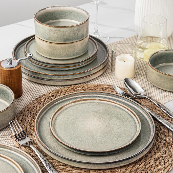 Набір посуду GBHOME 12 шт. з реактивної глазурі (12 шт.) - Тарілки та миски, чорно-оливковий, стійкий до сколів, для миття в посудомийній машині та використання в мікрохвильовці