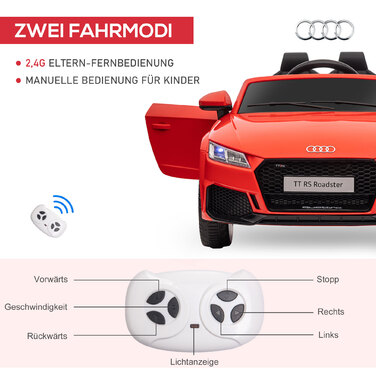 Електромобіль HOMCOM для дітей Audi 12V з пультом дистанційного керування 2,4G, музикою, звуком клаксона, світлодіодною підсвіткою, USB/MP3-роз'ємом, функцією руху назад, для дітей віком 3-5 років, червоний