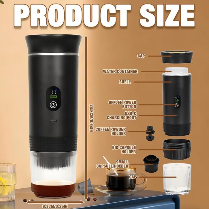 Портативна кавомашина 3-в-1 DAJASD з дисплеєм, 12V, USB, для кави в зернах та капсул - ідеальна для подорожей, кемпінгу та авто