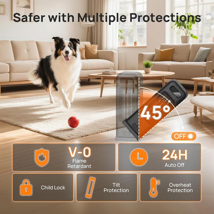 Електричний обігрівач 1500W з PTC-керамічним нагрівачем, портативний з термостатом та ECO-режимом, 4 режими, цифровий дисплей, таймер 12 годин, тихий (35dB), чорний (40cm)