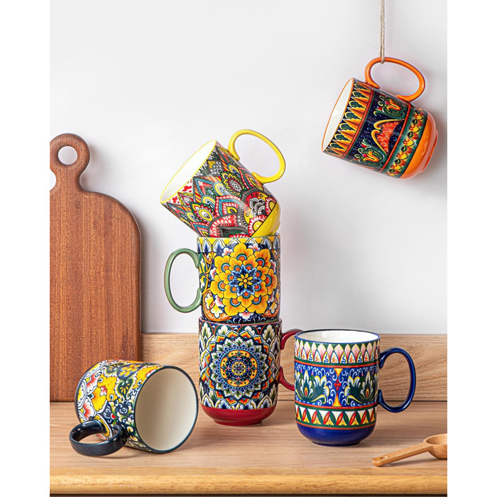 Набір кавових чашок Henten Home з порцеляни, 6 шт., 250 мл, ручної роботи, для 6 осіб (250 мл чашки, 400 мл підставки)