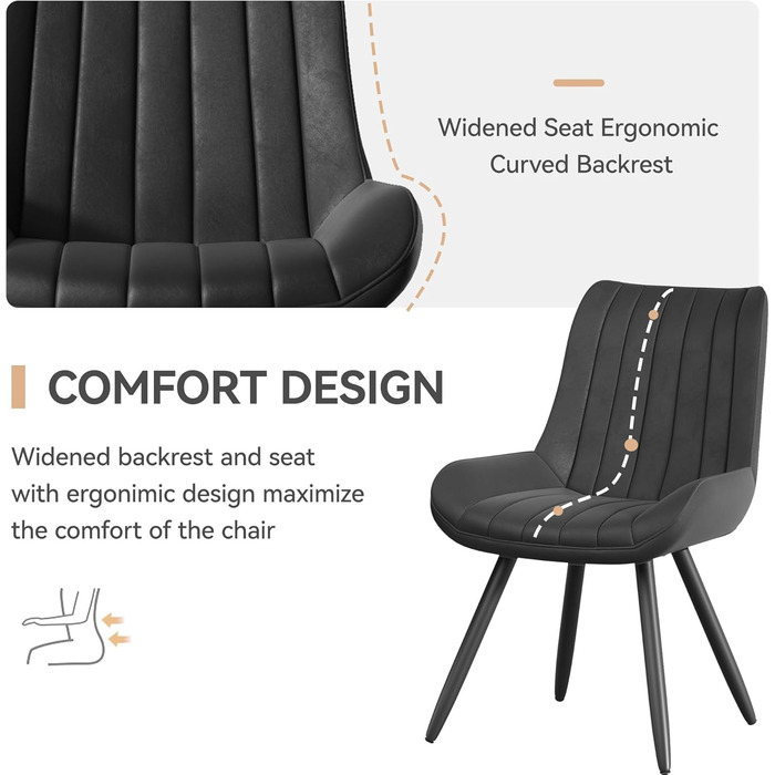 Обідні стільці для кухні: м'які, з подушкою 10 см, з штучного матеріалу, на металевих ніжках, FU01043BL-2 (набір 8 шт., чорний)