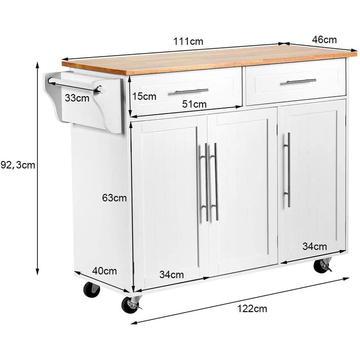 Кухонний візок на колесах, 3 двері, 2 ящики, 6 відділень, рушникосушка, масив дерева, білий, 4LIFE