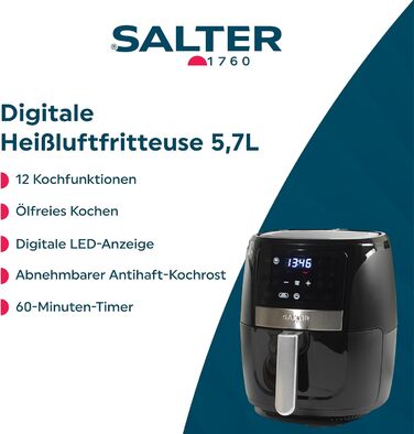 Фритюрниця Salter 4.2 л ручна, без олії, з циркуляцією гарячого повітря, антипригарне покриття, таймер, 1300 Вт, EK6364VDE