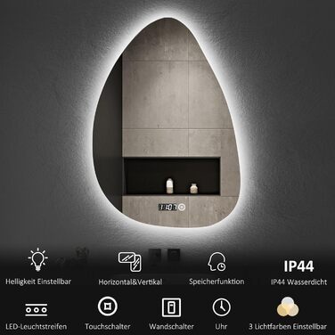 Дзеркало для ванної кімнати з підсвічуванням та годинником 50x70 см, LED, сенсорне керування, 3 кольори світла, диммування, 2470LM, стиль Jy01