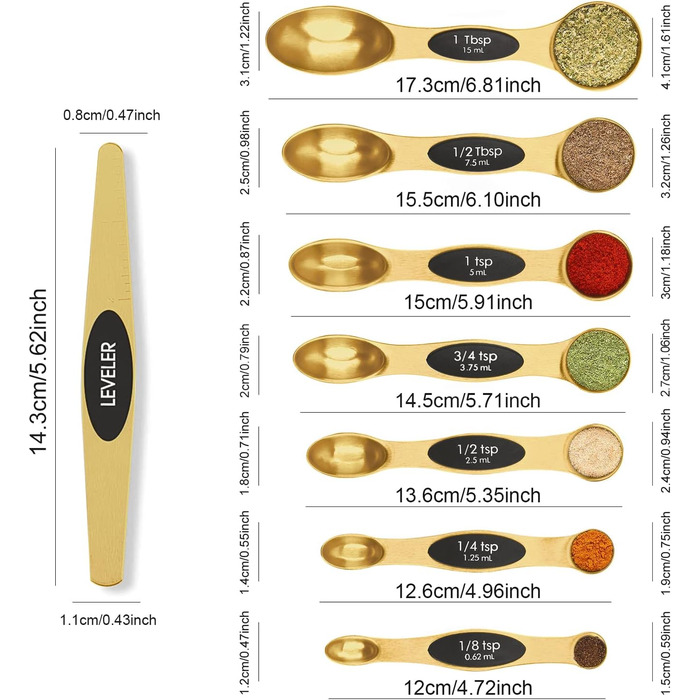 Набір магнітних мірних ложок з нержавіючої сталі з вирівнювачем, штабельований, поміщається в банки для спецій, кухонні гаджети