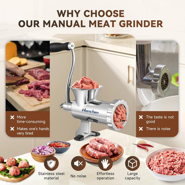 М'ясорубка ручна Hanchen з нержавіючої сталі, багатофункціональна, для ковбас та овочів (12 насадок)