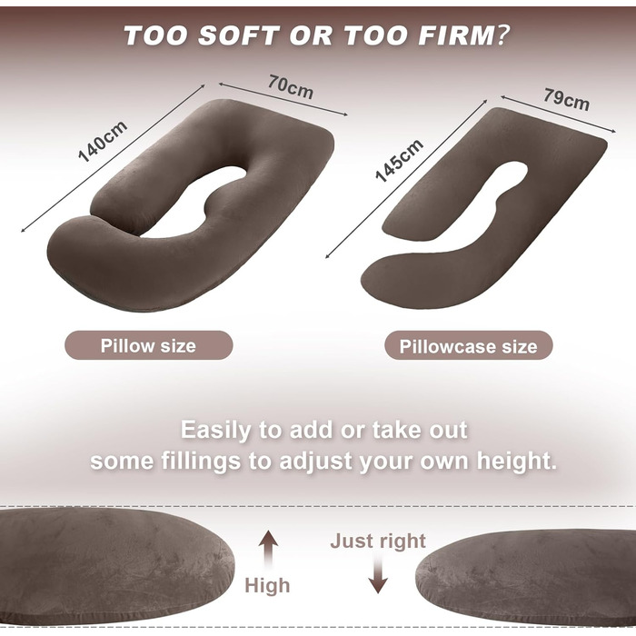 Вагітний подушка J-подібної форми, подушка для годування, подушка для підтримки тіла, подушка для вагітних знімний чохол, 140x70 см (Коричневий, Велюр)