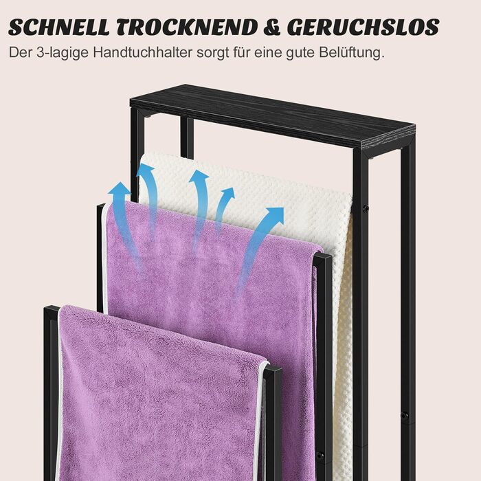 Підставка для рушників Smusei, чорна вінтажна, 3-ярусна, з полицею з дерева, 40x30x82 см