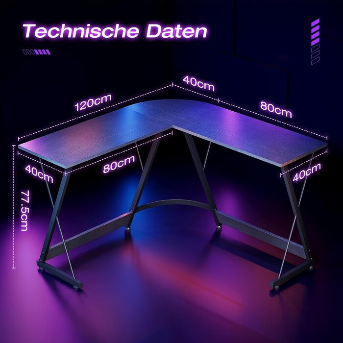 Ігровий стіл ODK, 120x120 см, L-подібний, для дому та офісу, чорний