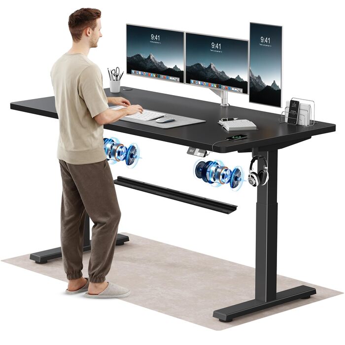 Електричний підйомний стіл Devoko 160x80 см, ергономічний комп'ютерний стіл для роботи стоячи та сидячи, стільниця 25 мм, подвійний мотор, пам'ять, USB-C (Чорний)