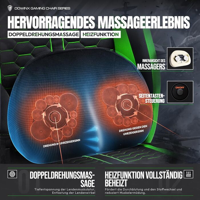 Ігровий крісло Dowinx з підігрівом, масажем, підтримкою попереку, кишеньковим пружинним сидінням та підставкою для ніг. Зелений колір.