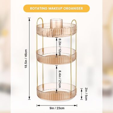 Органайзер Otauoaea Make Up, косметичний органайзер, що обертається на 360, з відділеннями великої місткості, багатофункціональний органайзер Макіяж для туалетного столика Ванна кімната Спальня (3 шари, бурштин) Бурштиновий 3 шар