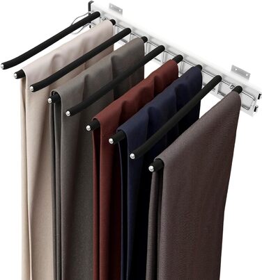 Висувний тримач для штанів, полиця для штанів, 9 тримачів для шарфів, висувна вішалка для штанів, одягу, краваток, шарфів, глибина шафи 48 см, лівостороннє кріплення