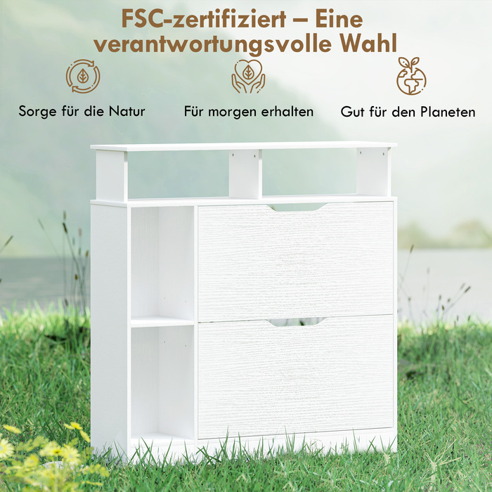 Шафа для взуття з 2 дверцятами та похилим механізмом, з регульованою перегородкою та відкритою полицею на 12 пар взуття, 89 x 25 x 92 см, біла