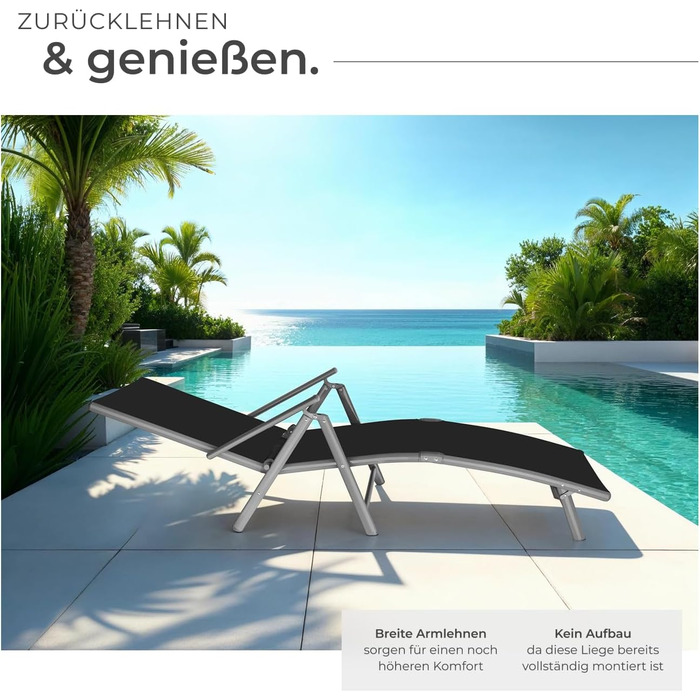 Шезлонг Tectake алюмінієвий, складний, з підлокітниками, регульована спинка, стійкий до погодних умов, для балкона, саду, тераси або кемпінгу - Сріблясто-сірий (Темно-сірий)