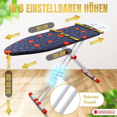 Прасувальна дошка DEVEÇİOĞLU 50-80см з чохлом 36x114см для парогенераторів, складна | Прасувальна дошка Mm480