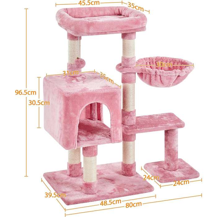 Котяче дерево Yaheetech висотою 96 см Котяче дерево для котів, з плюшевою котячою печерою та кошиком із сизалю, (рожевий)