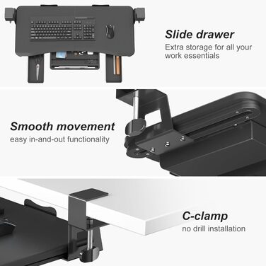 Підставка під клавіатуру Suptek під стіл з ящиком – 67,8 x 30 см, міцна кріплення C-подібне, регульована висота, легка установка, для дому та офісу, DSF6CT